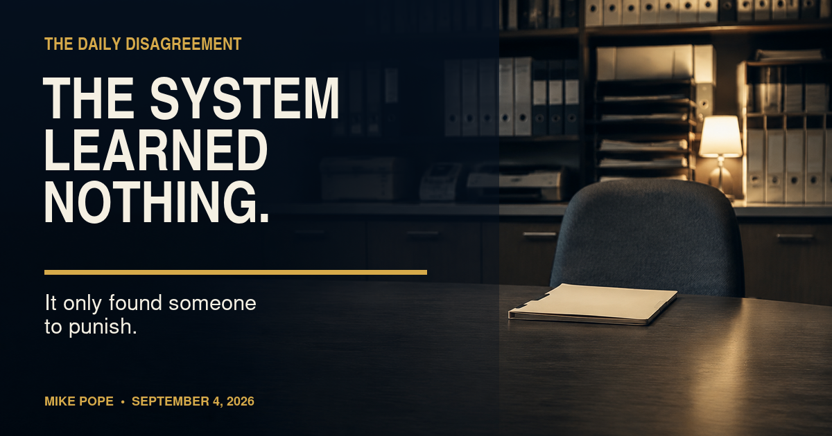 An empty employee chair and closed evaluation folder remain singled out while the institutional system behind them stays unchanged