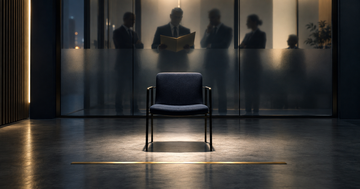 An empty employee chair under an evaluation light while decision-makers remain indistinct behind frosted glass