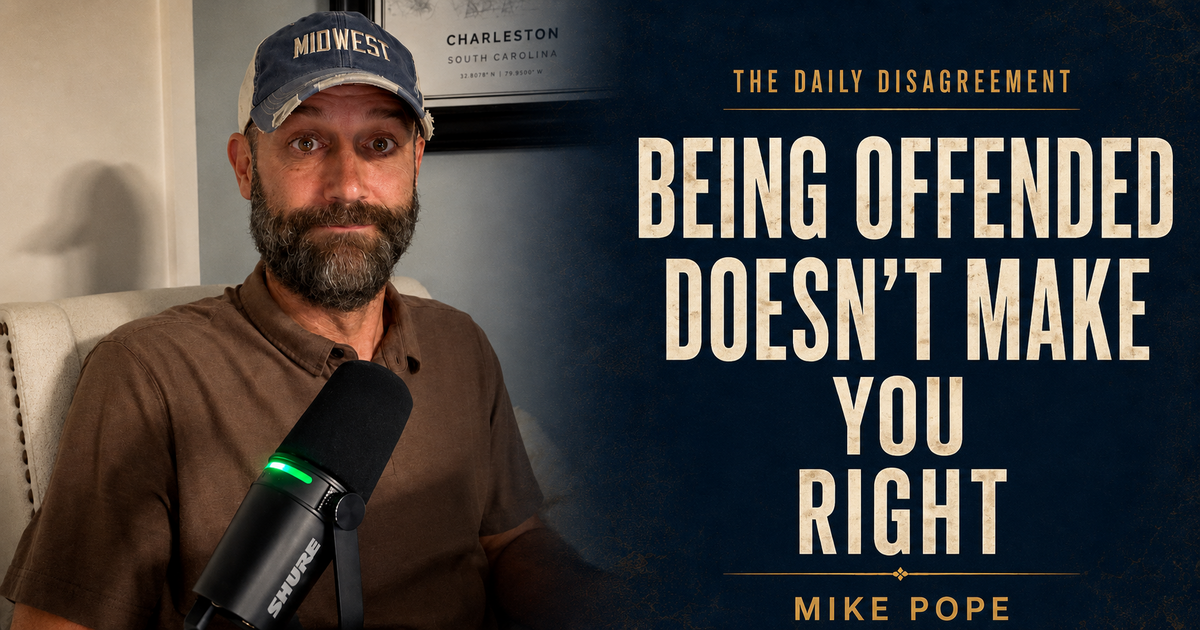 Mike Pope at his desk beside the headline Being Offended Doesn’t Make You Right