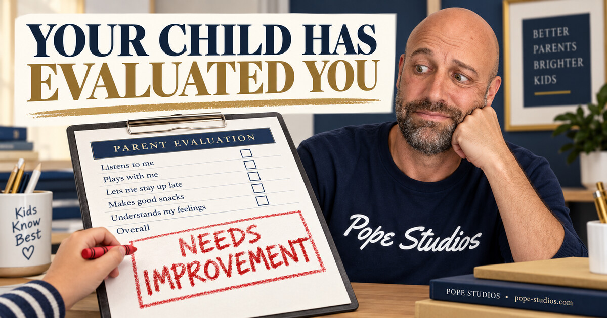 Mike Pope reacts beside a fictional parent evaluation stamped Needs Improvement under the headline Your Child Has Evaluated You.