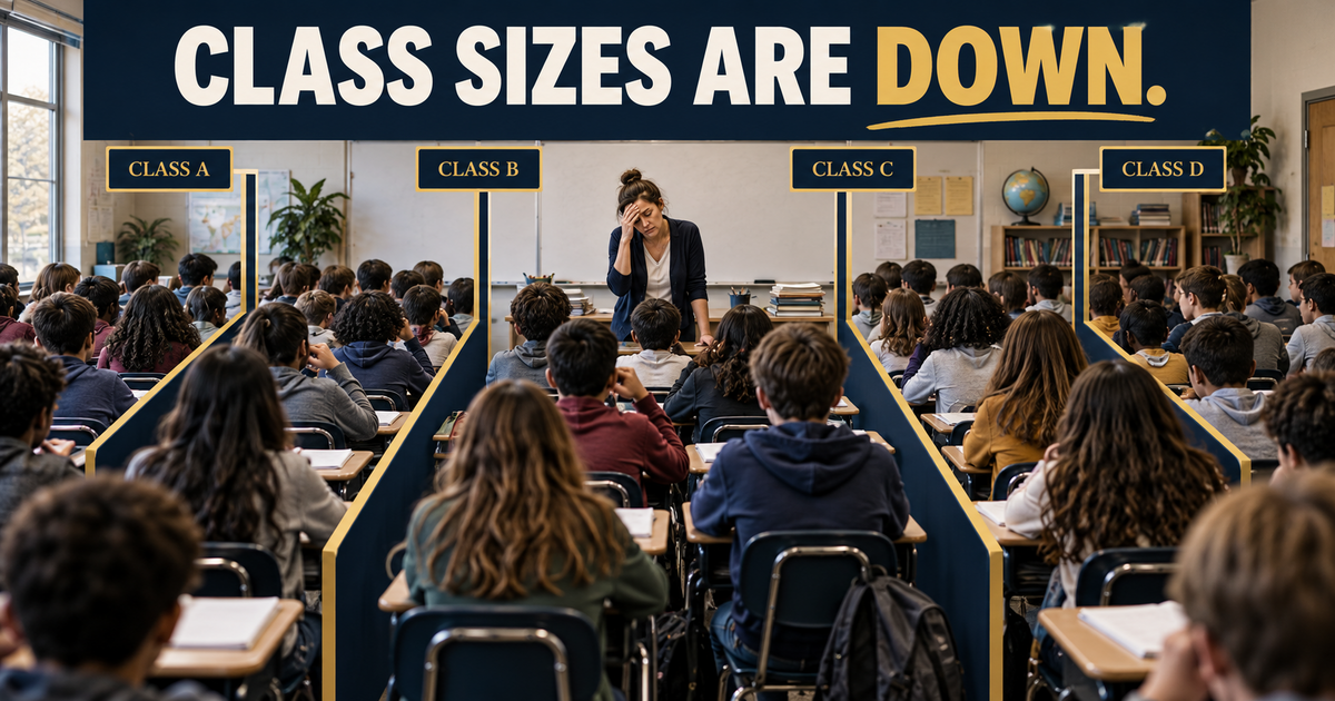 A fictional crowded classroom divided into four labeled sections under the headline Class Sizes Are Down.