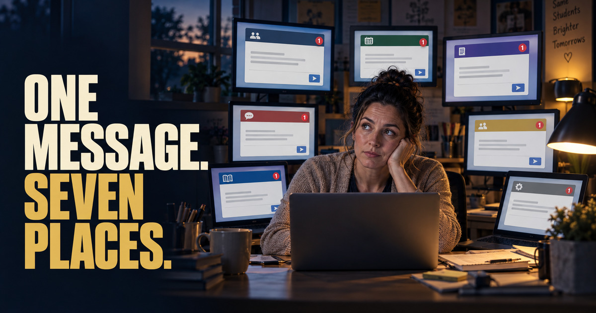 A fictional educator surrounded by seven generic communication screens under the headline One Message. Seven Places.