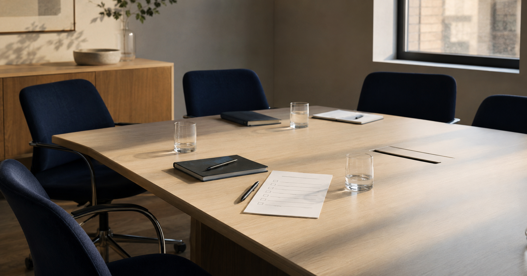 An empty conference room after a meeting with notebooks and water glasses left on the table