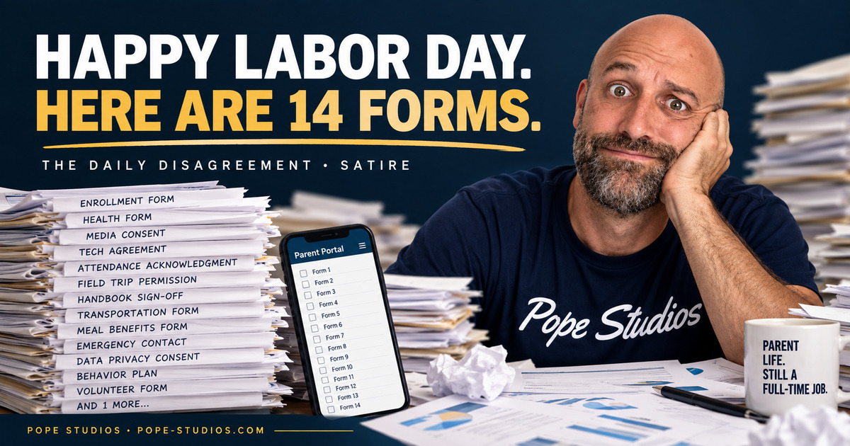 Mike Pope looks exhausted beside stacks of school forms and a parent portal under the headline Happy Labor Day. Here Are 14 Forms.
