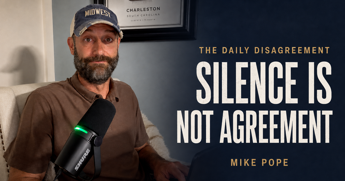 Mike Pope at his desk beside the headline Silence Is Not Agreement