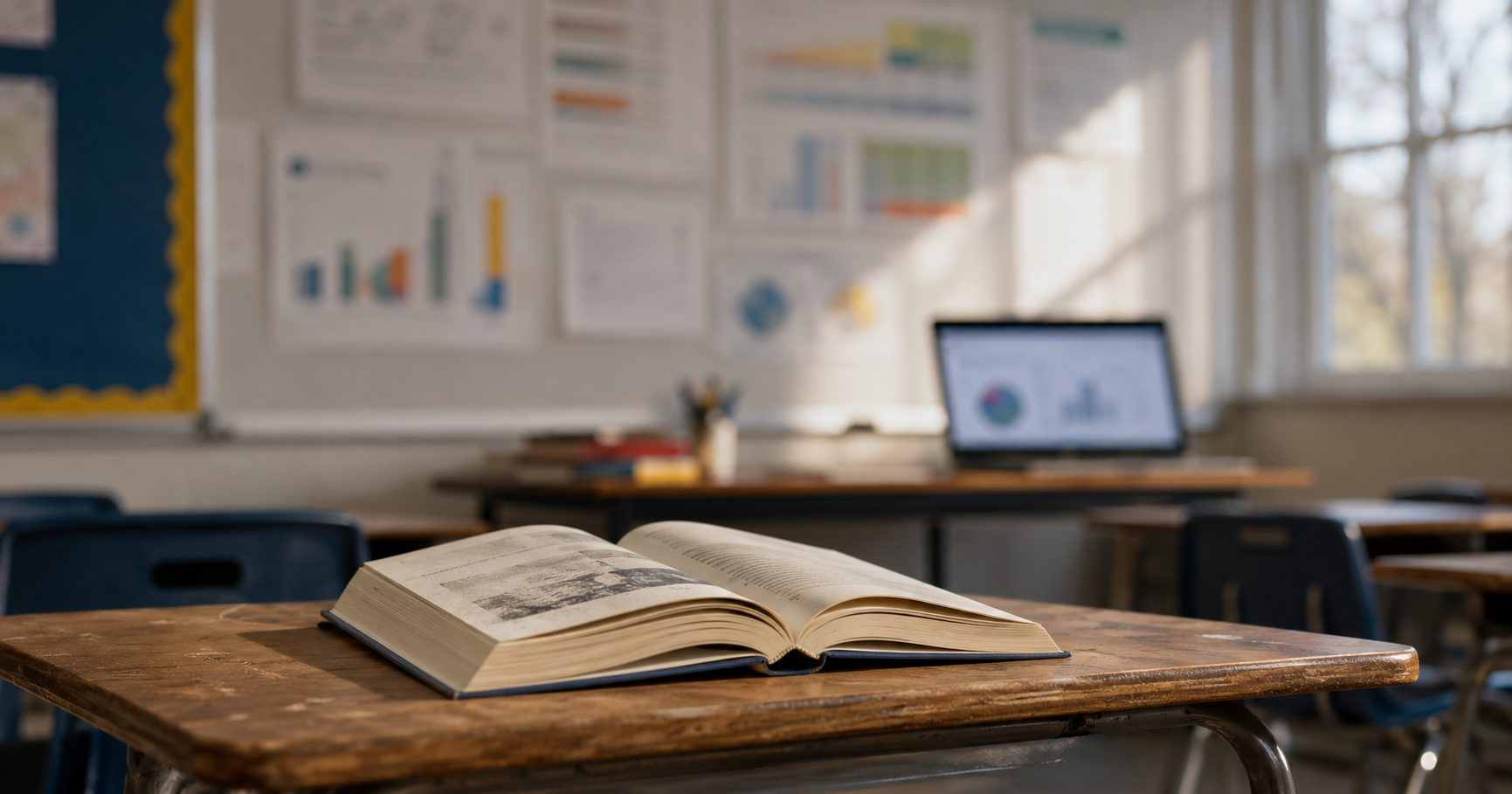 An open children’s novel on a classroom desk with assessment charts and a laptop blurred in the background