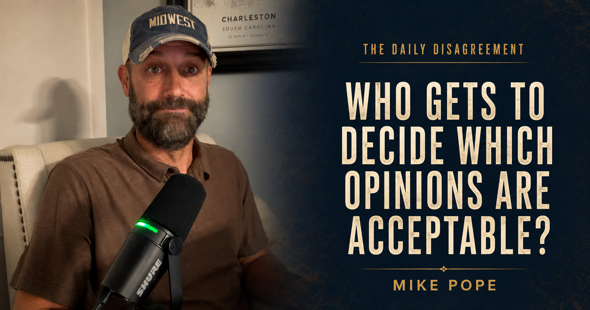 Mike Pope writing at his desk beside the headline Who Gets to Decide Which Opinions Are Acceptable?