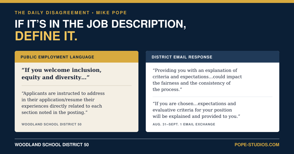 Documentary editorial card quoting Woodland School District 50 employment language and its response about when expectations and evaluative criteria are explained