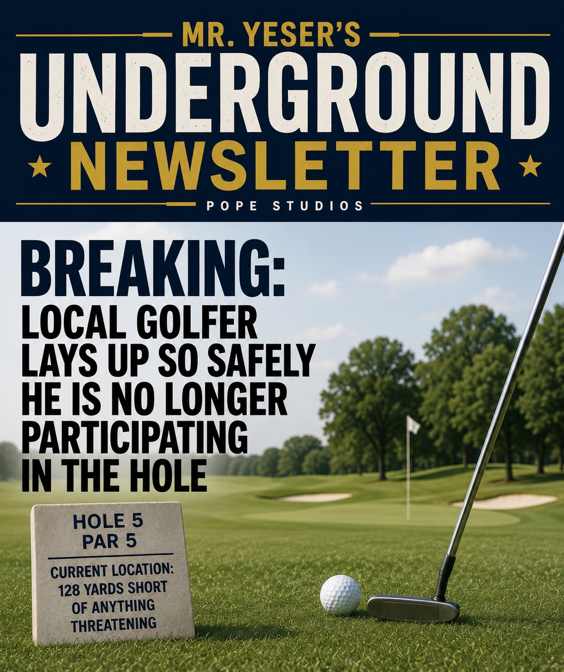 Mr. Yeser’s Underground Newsletter poster showing a golf ball, putter, distant flag, and a sign stating the golfer is 128 yards short of anything threatening