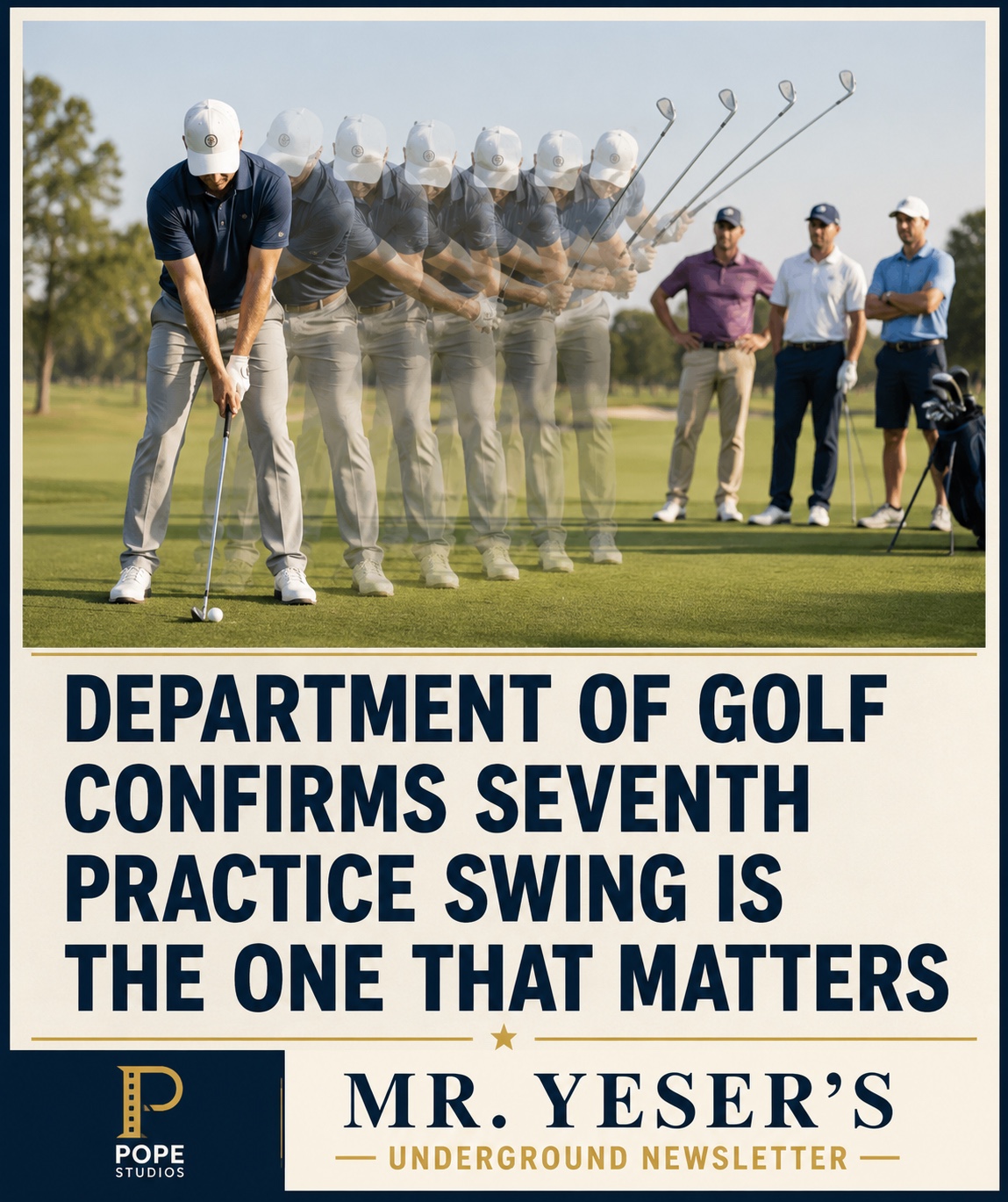 Department of Golf poster showing a golfer’s seven practice swings while three golfers wait, above the headline confirming the seventh swing is the one that matters